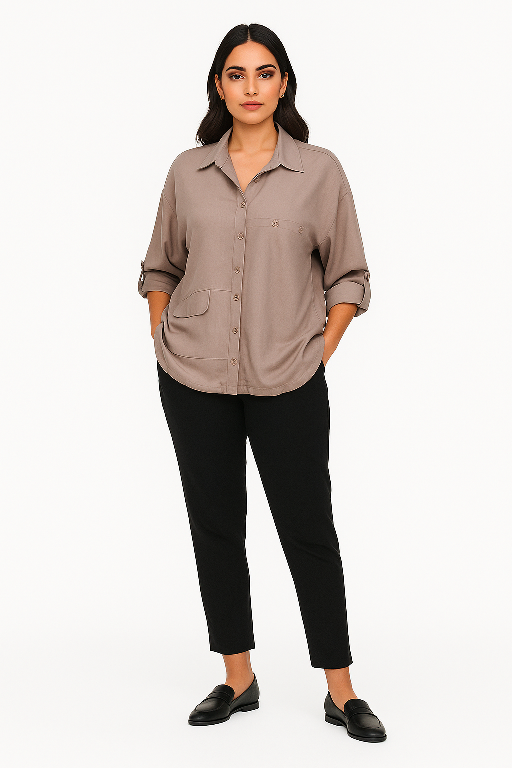 Laisvo kirpimo Tencelio marškiniai-švarkelis, neutralios spalvos, užsegami sagomis, ilgomis rankovėmis, dydis 46