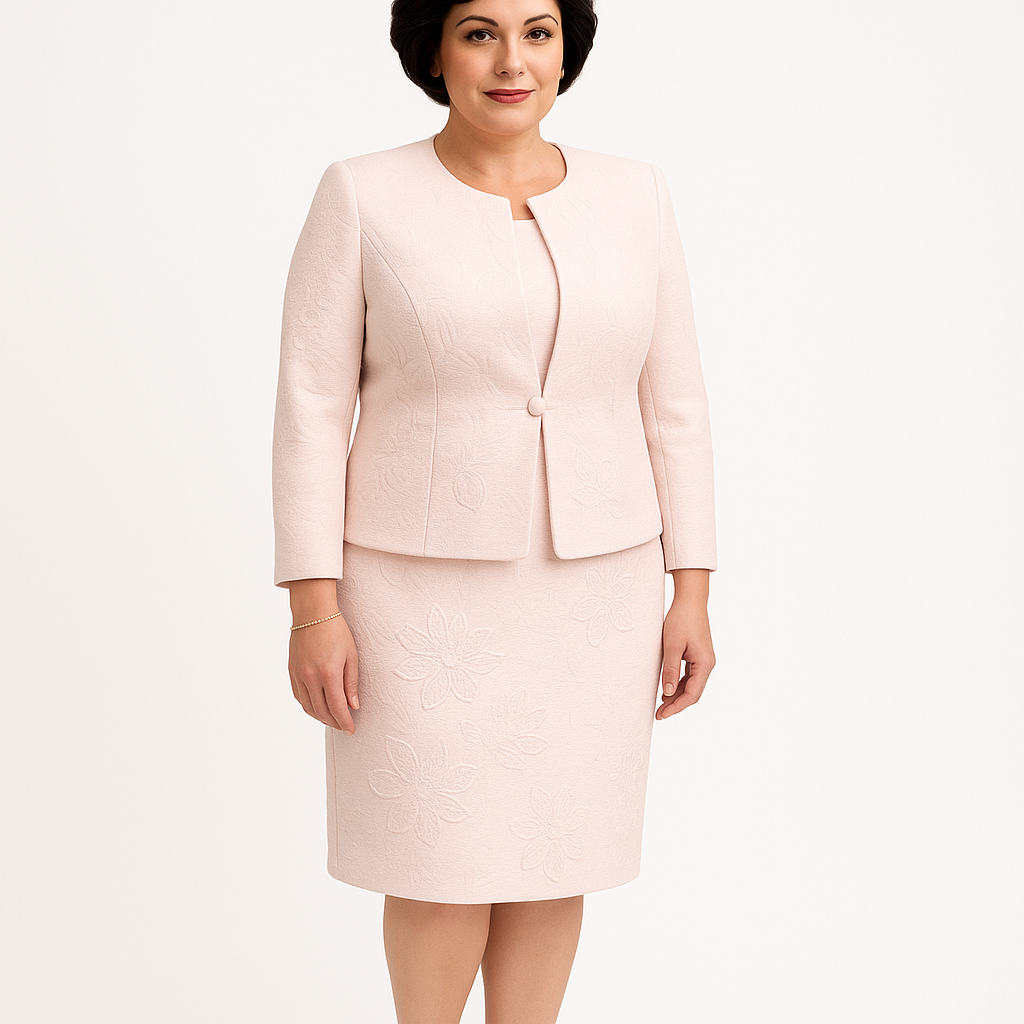 Woman wearing a light pink suit on a white background