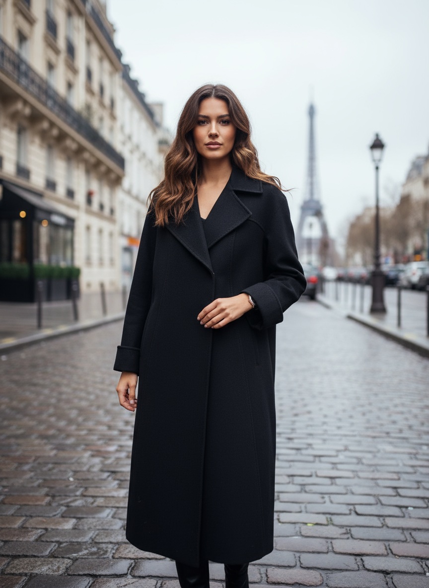 Ilgas juodas paltas iš prabangaus audinio, subtilaus kirpimo. Miesto fone
