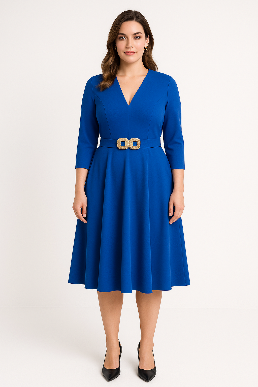 Mėlyna midi suknelė su kišenėmis ir pridedamu diržu, 3/4 rankovės, dydis 46, elegantiškas kasdienis įvaizdis