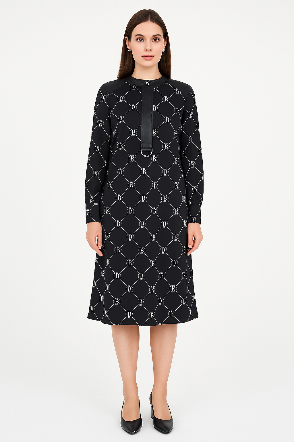 Juoda suknelė su B rašto motyvu, slidus audinys, ilgos rankovės, dydis 36, klasikinis minimalistinis stilius