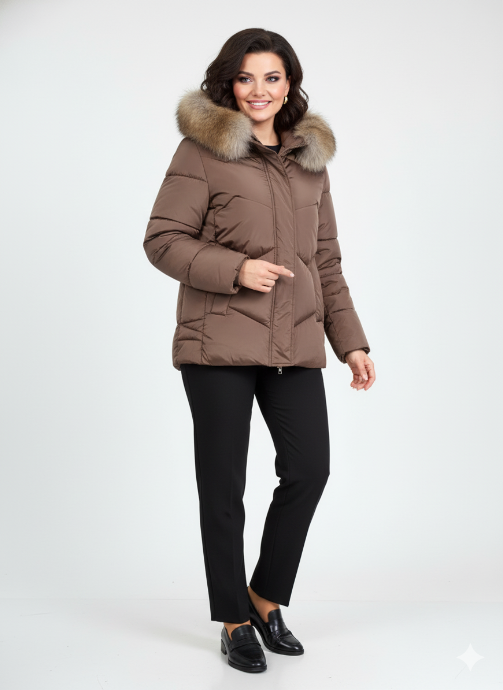 Moteriška puchinė stiliaus striukė su nuimamu kailiu, dydžiai S–M“