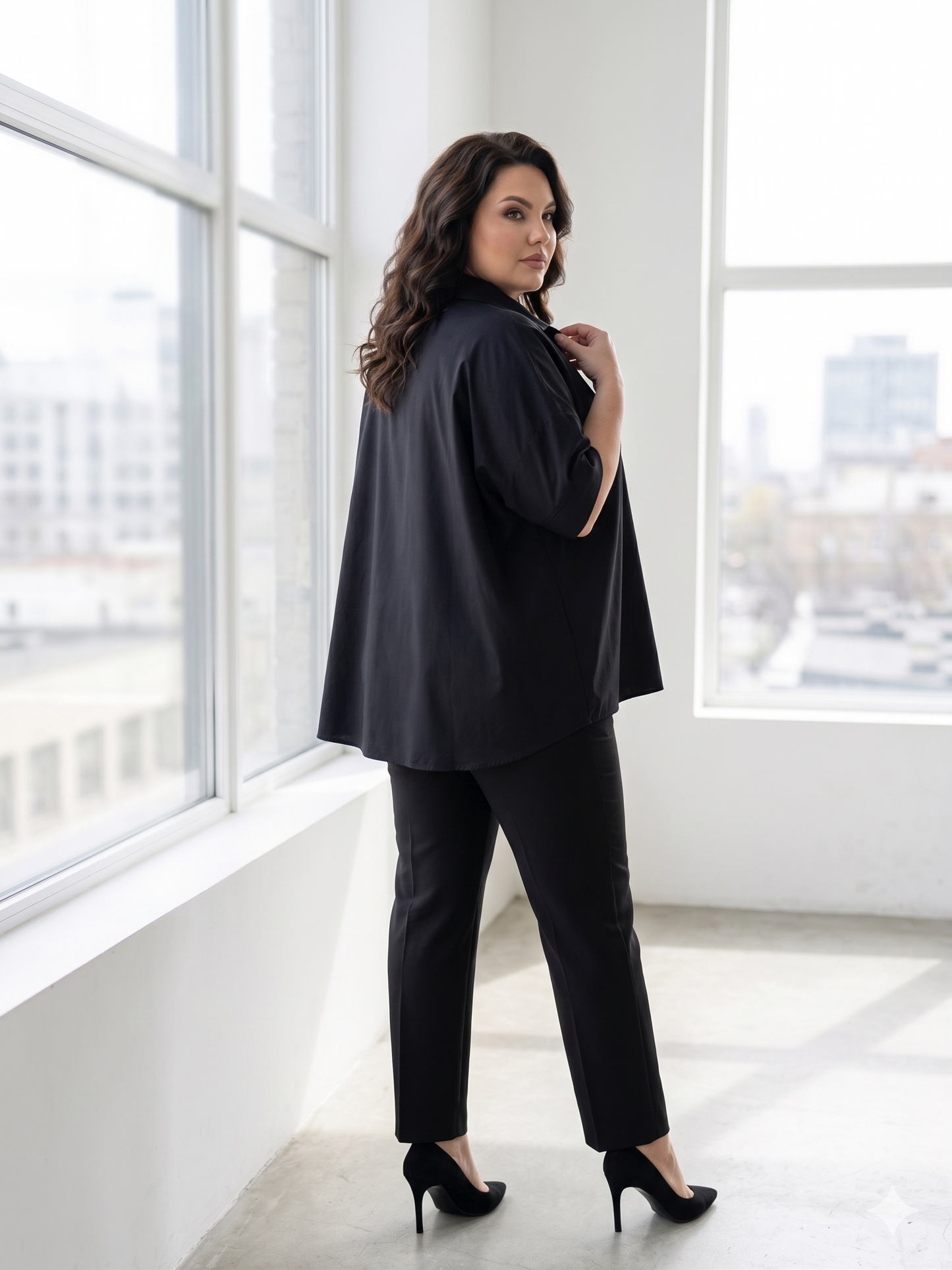 Woman in a black suit standing in a bright room with large windows.