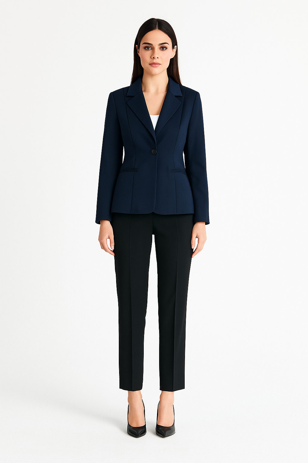 Elegantiškas tamsiai mėlynas liemenuotas švarkas iš minkšto audinio, tinkantis prie kelnių ar džinsų, rodo modelis