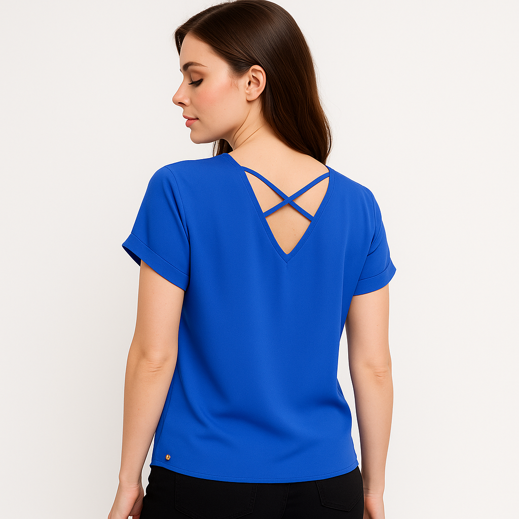 Mėlyna laisvo kritimo palaidinė trumpomis rankovėmis su dekoratyvinėmis juostelėmis nugaroje