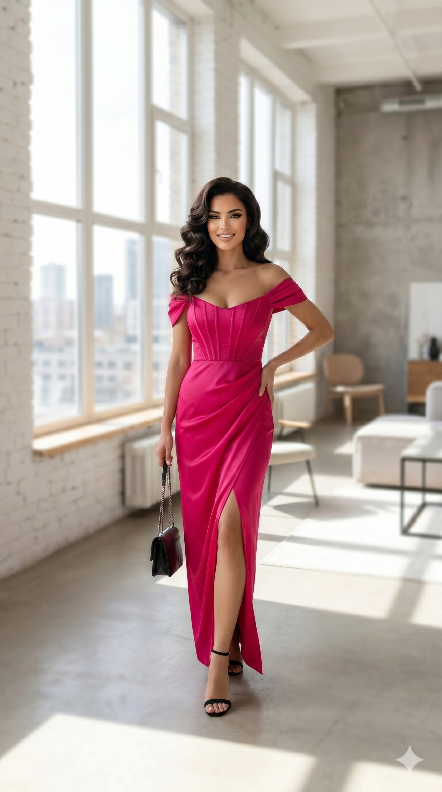 Woman in a pink off-shoulder dress standing in a modern room with large windows.