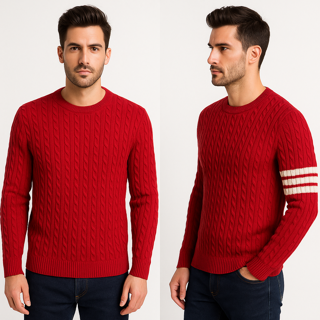 Raudonas vyriškas megztinis su pynimo tekstūra ir baltais dryžiais ant rankovės