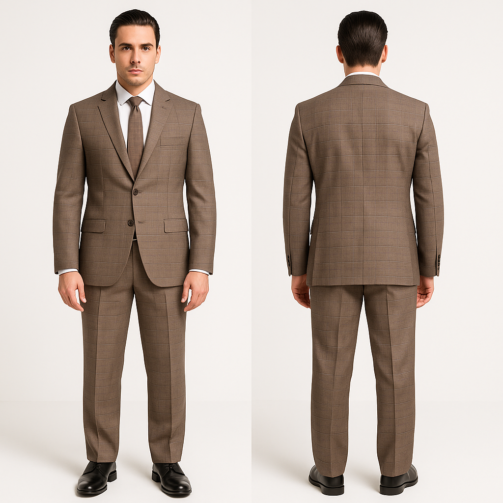 Dviejų dalių vyriškas rudas kostiumas – priekyje matomas modelis