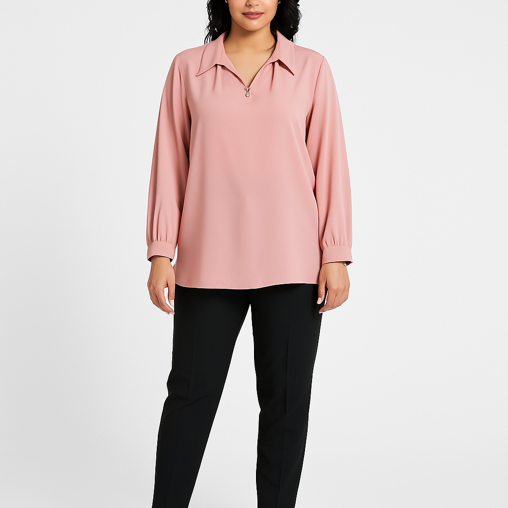 Pelenų rožinė elegantiška didelių dydžių palaidinė ilgomis rankovėmis.