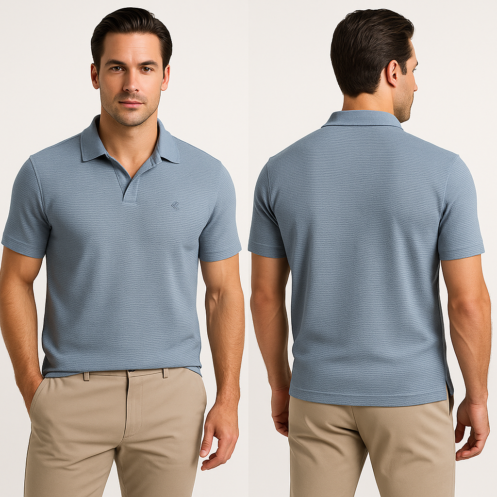 Vyriški šviesiai mėlyni polo marškinėliai be sagų ant pakabos