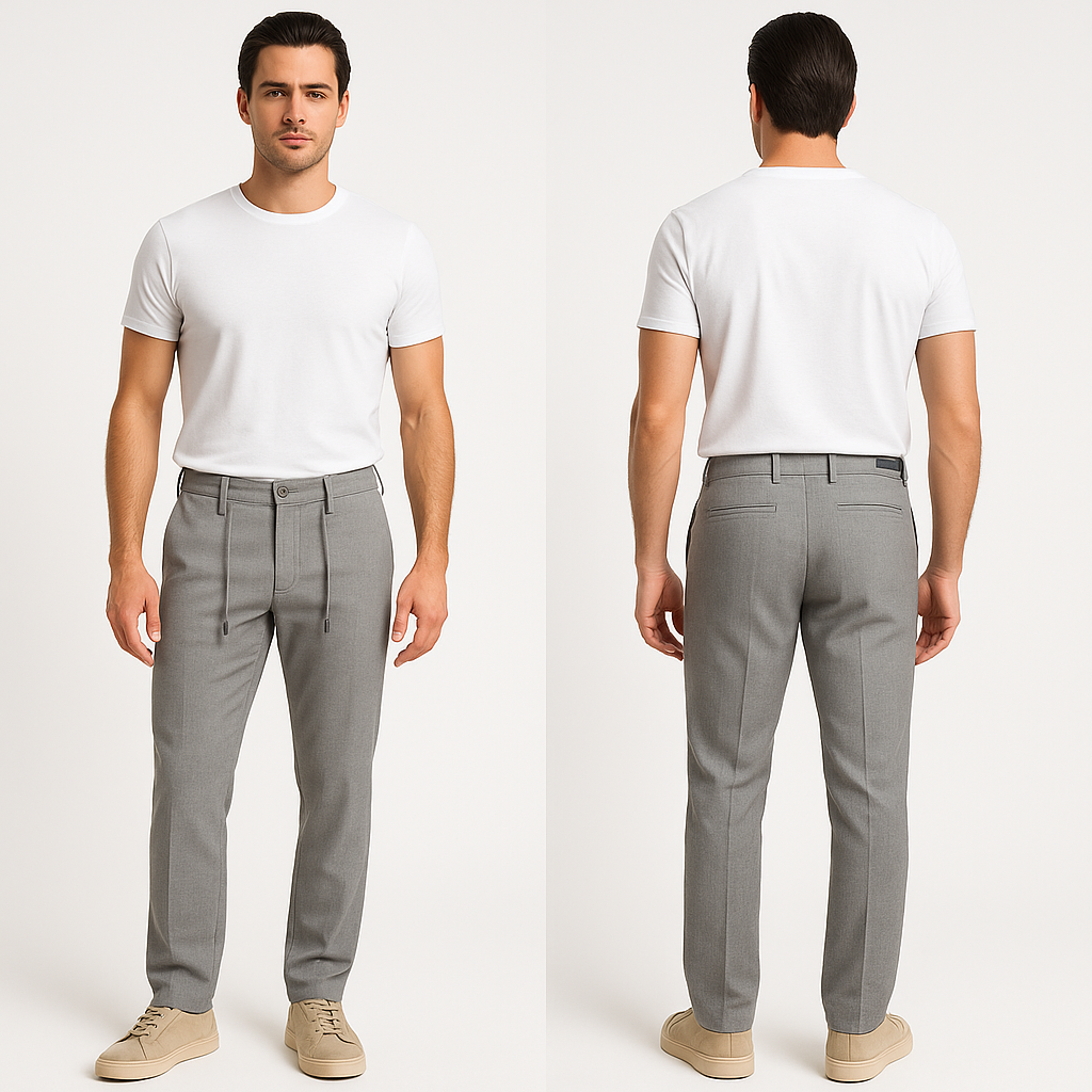 Modelis vilki šviesiai pilkas X-Foot vyriškas kelnes su raišteliais ties liemeniu, suderintas prie laisvalaikio įvaizdžio.