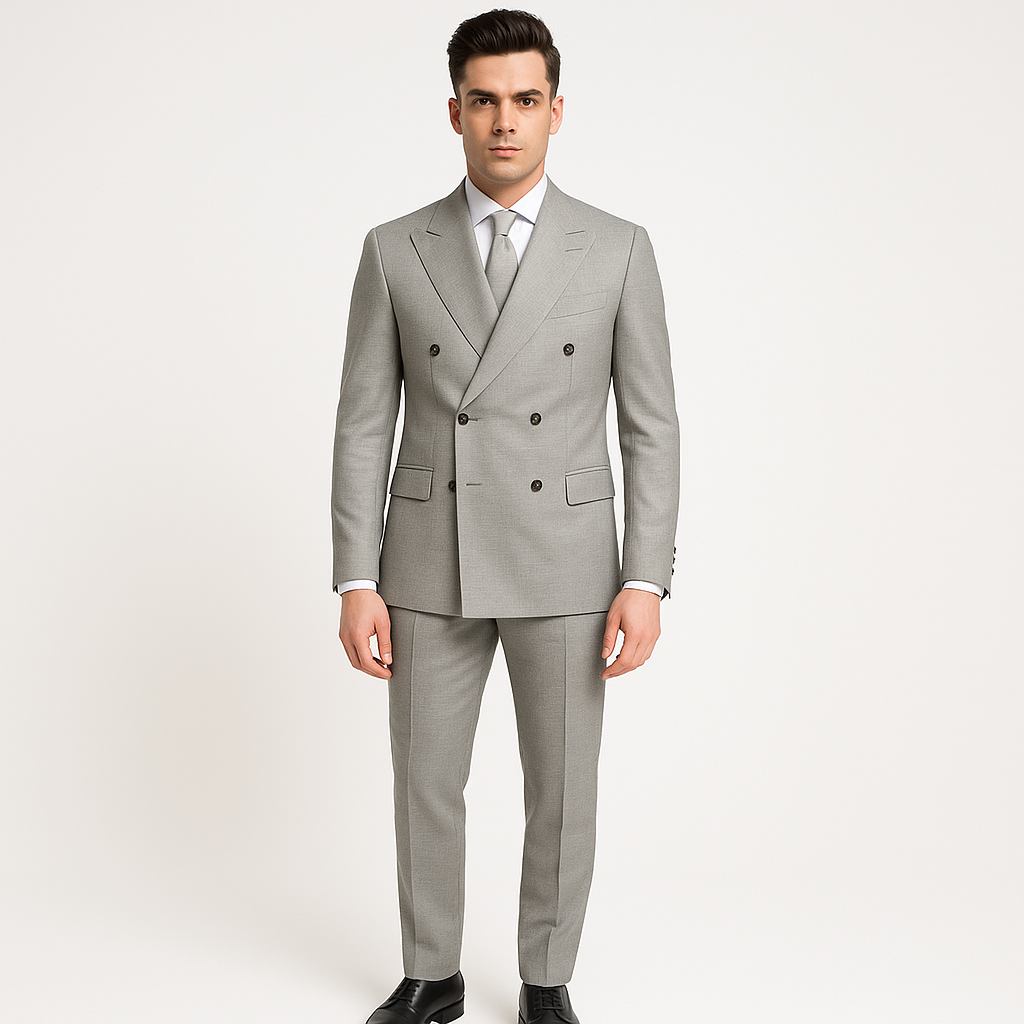 Šviesus dvieilis vyriškas švarkas su dekoratyvinėmis sagomis, vasarinis modelis