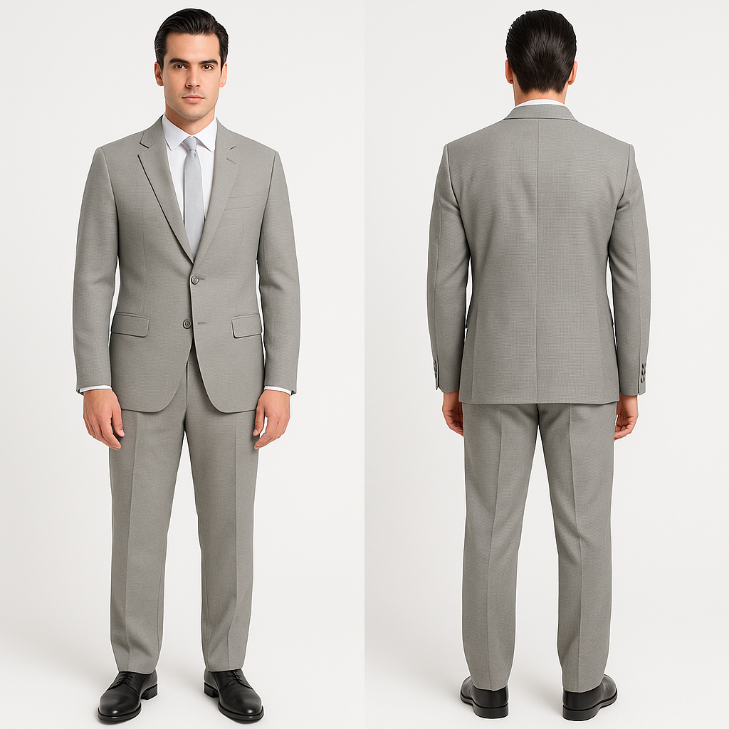 Kostiumas ant modelio – vyras vilkintis dailiai prigludusį dviejų dalių pilką kostiumą