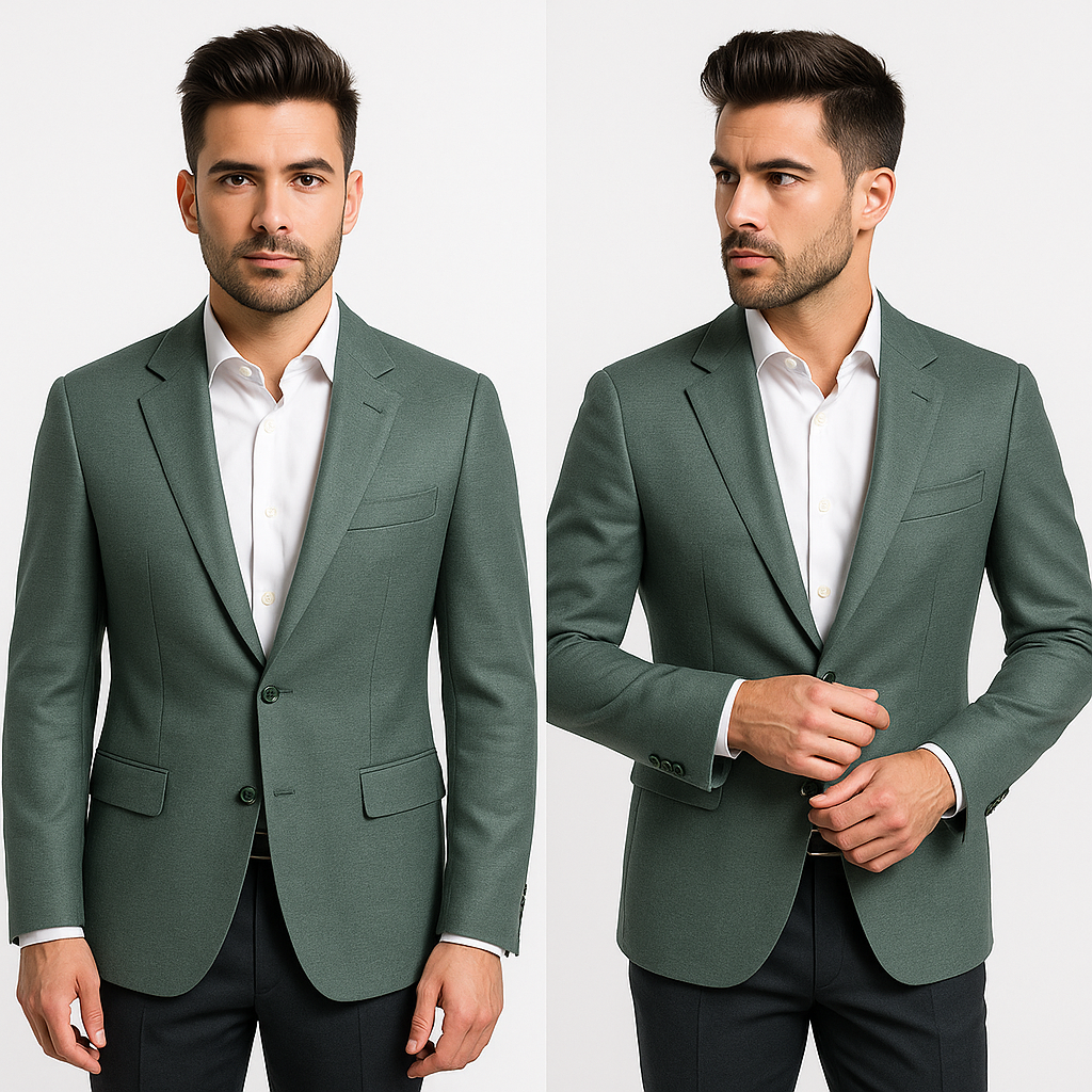 Vyriškas žalsvai pilkas švarkas su natūralaus audinio tekstūra