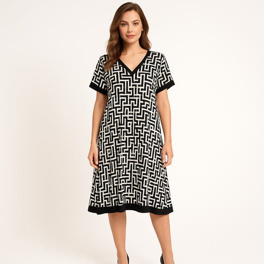 Suknelė su grafiniais ornamentais ir akcentuota iškirpte