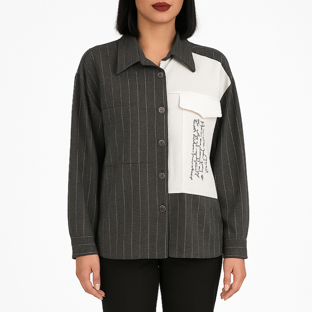 Marškinių tipo švarkelis moterims – priekis, ilgos rankovės, sagos; audinys 80% medvilnė, 15% viskozė, 5% poliesteris