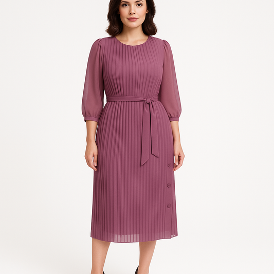 Woman wearing a purple pleated dress on a white background