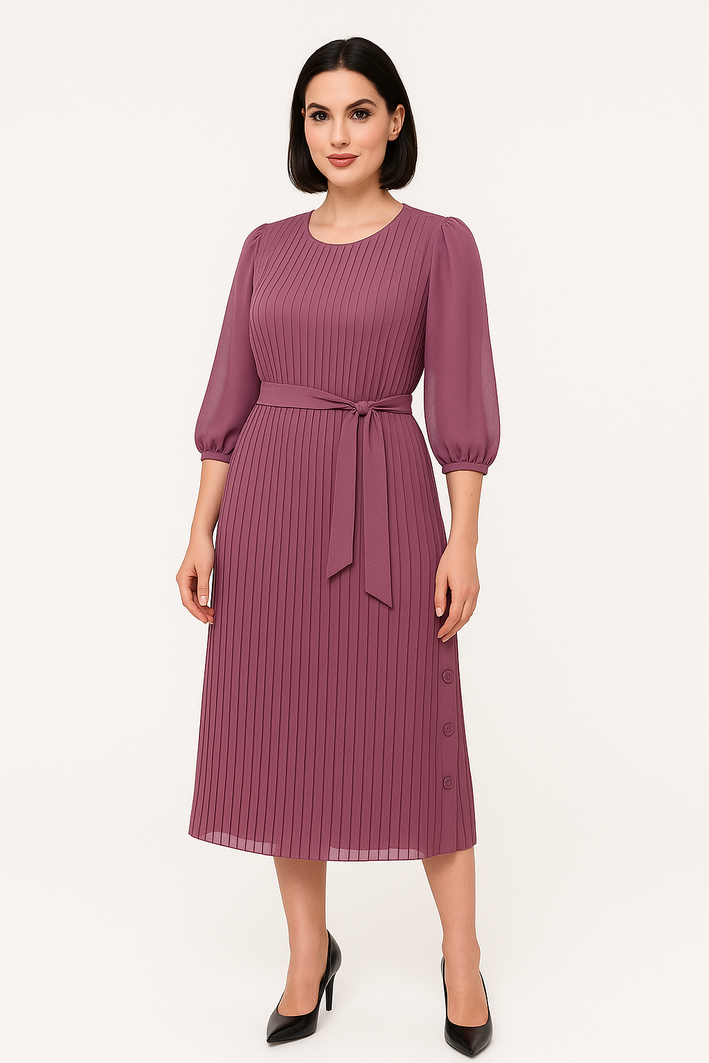 Woman wearing a purple dress with a belt on a white background