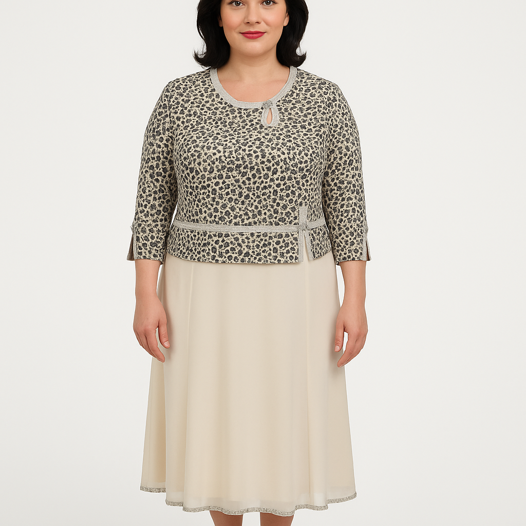 Woman wearing a leopard print top and beige skirt on a white background