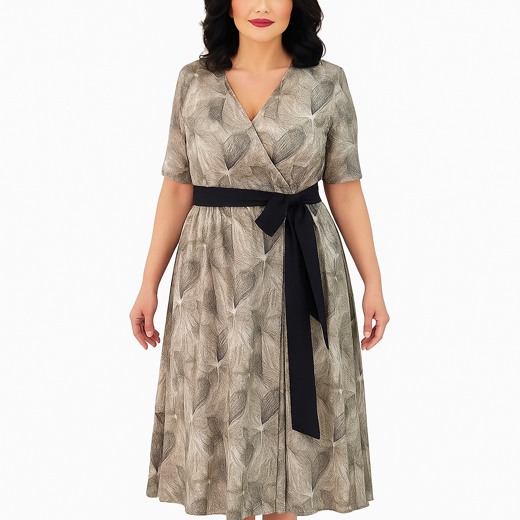 Woman wearing a patterned dress with a black belt on a white background