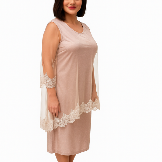 Woman wearing a beige dress with lace sleeves on a white background