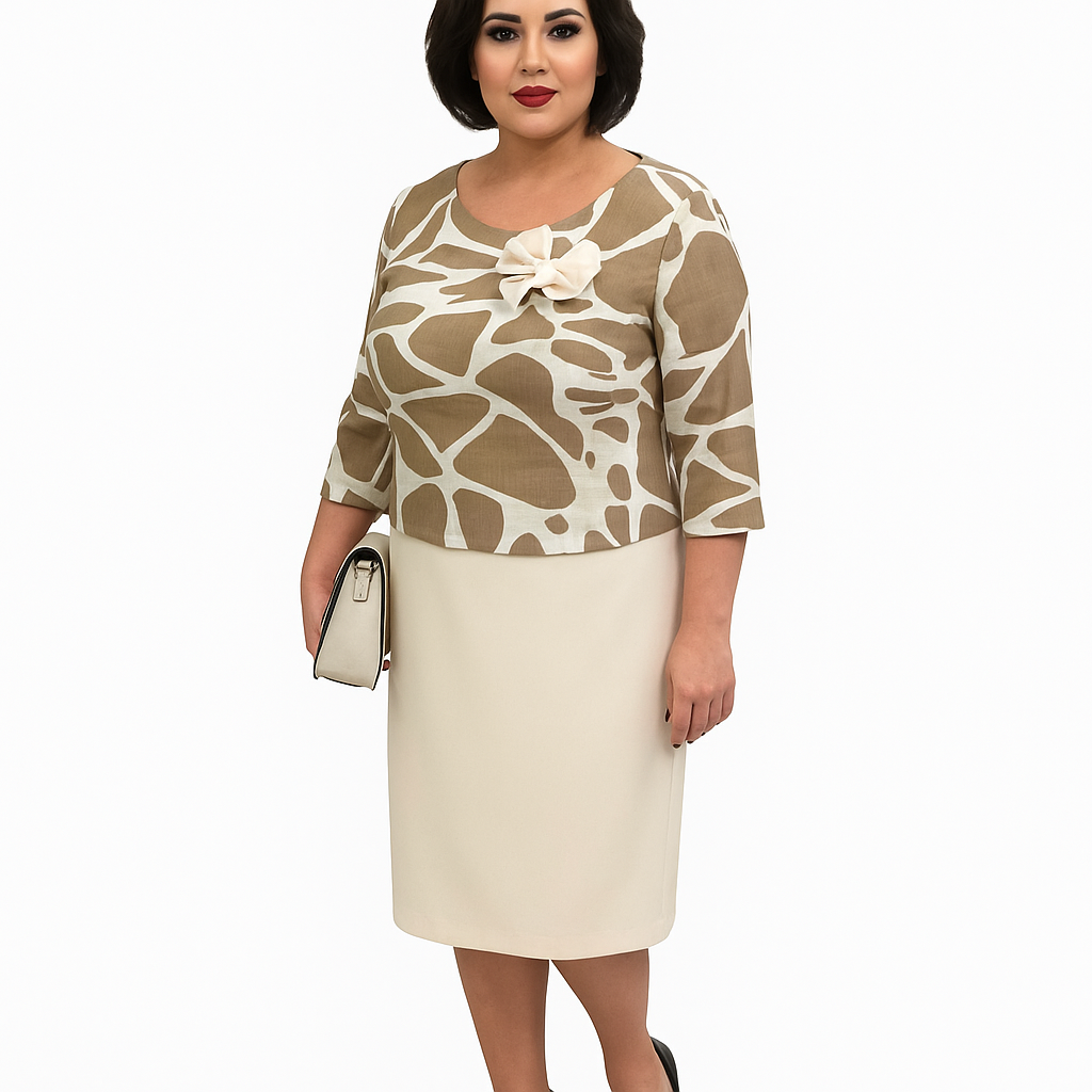 Woman wearing a beige and brown patterned top with a white skirt on a white background