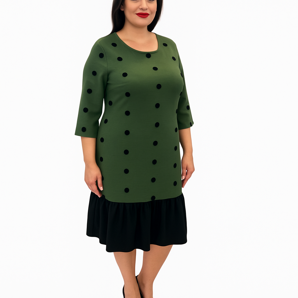 Woman wearing a green dress with black polka dots on a white background