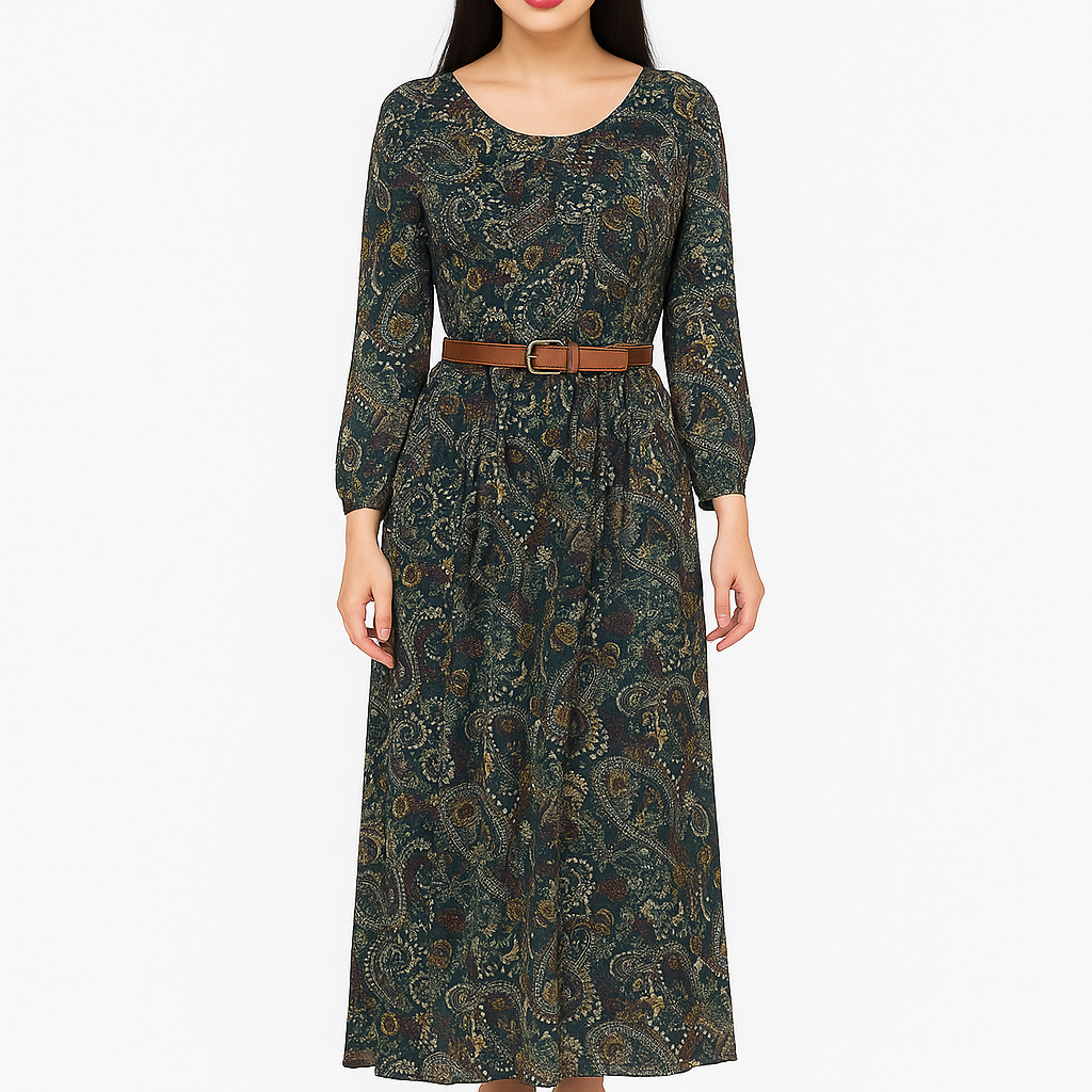 Long-sleeve dress with a pattern and brown belt on a white background