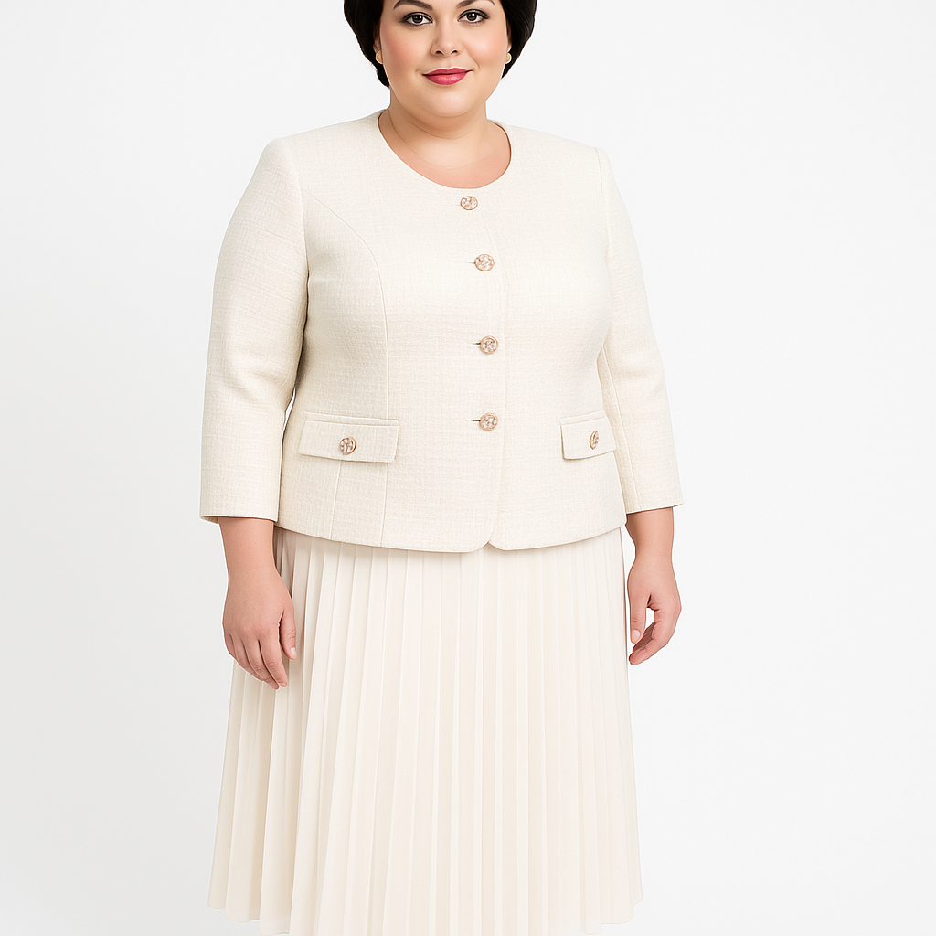 Woman wearing a cream-colored suit with a white background