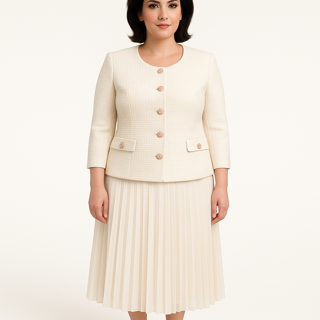 Woman wearing a cream-colored suit with a jacket and pleated skirt on a white background