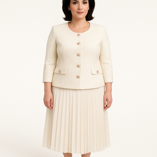Woman wearing a cream-colored suit with a jacket and pleated skirt on a white background