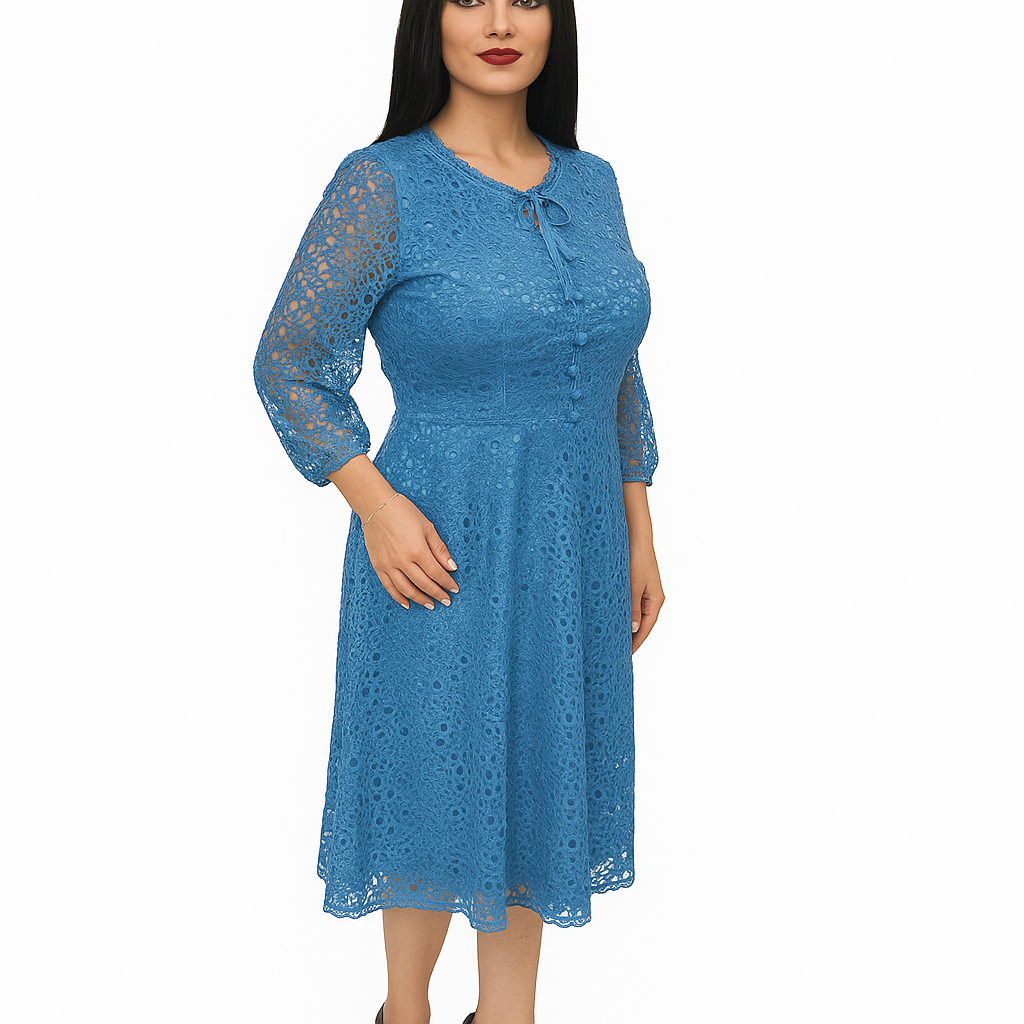Woman wearing a blue lace dress on a white background
