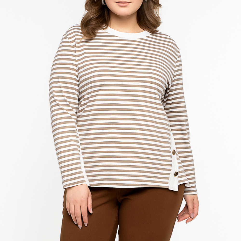 Person wearing a striped long-sleeve shirt and brown pants on a white background