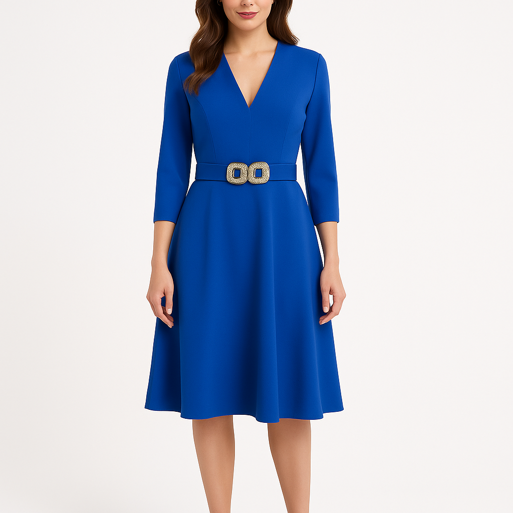 Blue dress with a belt on a white background