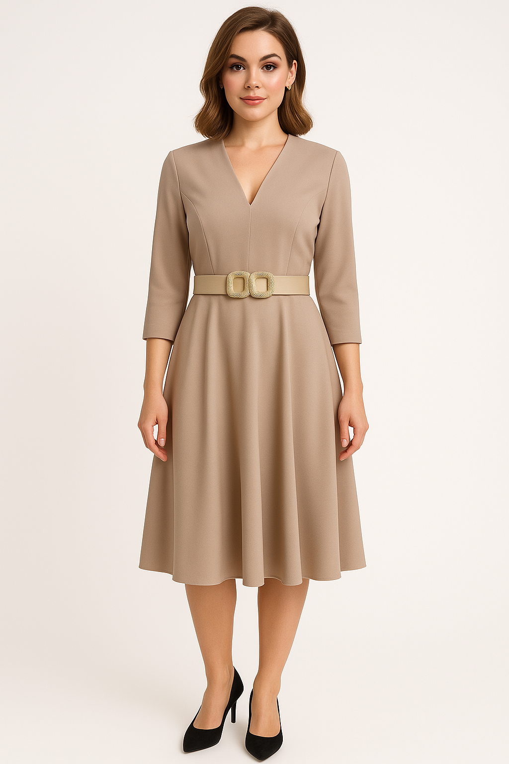 Woman wearing a beige dress with a belt on a white background