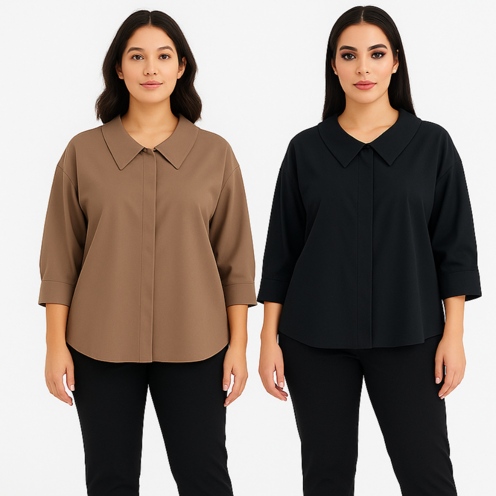 Two women wearing brown and black shirts with black pants on a white background