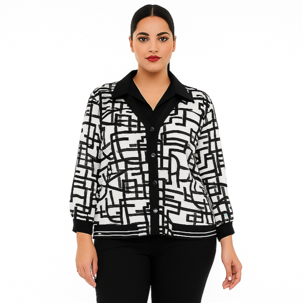 Woman wearing a black and white patterned jacket with black pants on a white background