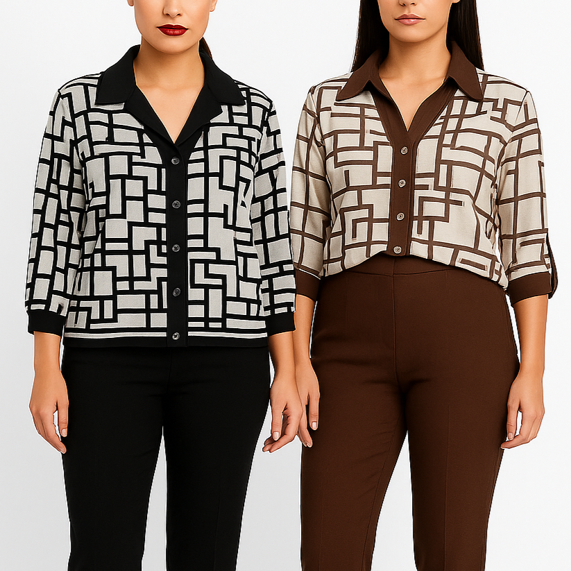 Two women wearing patterned tops and pants on a white background