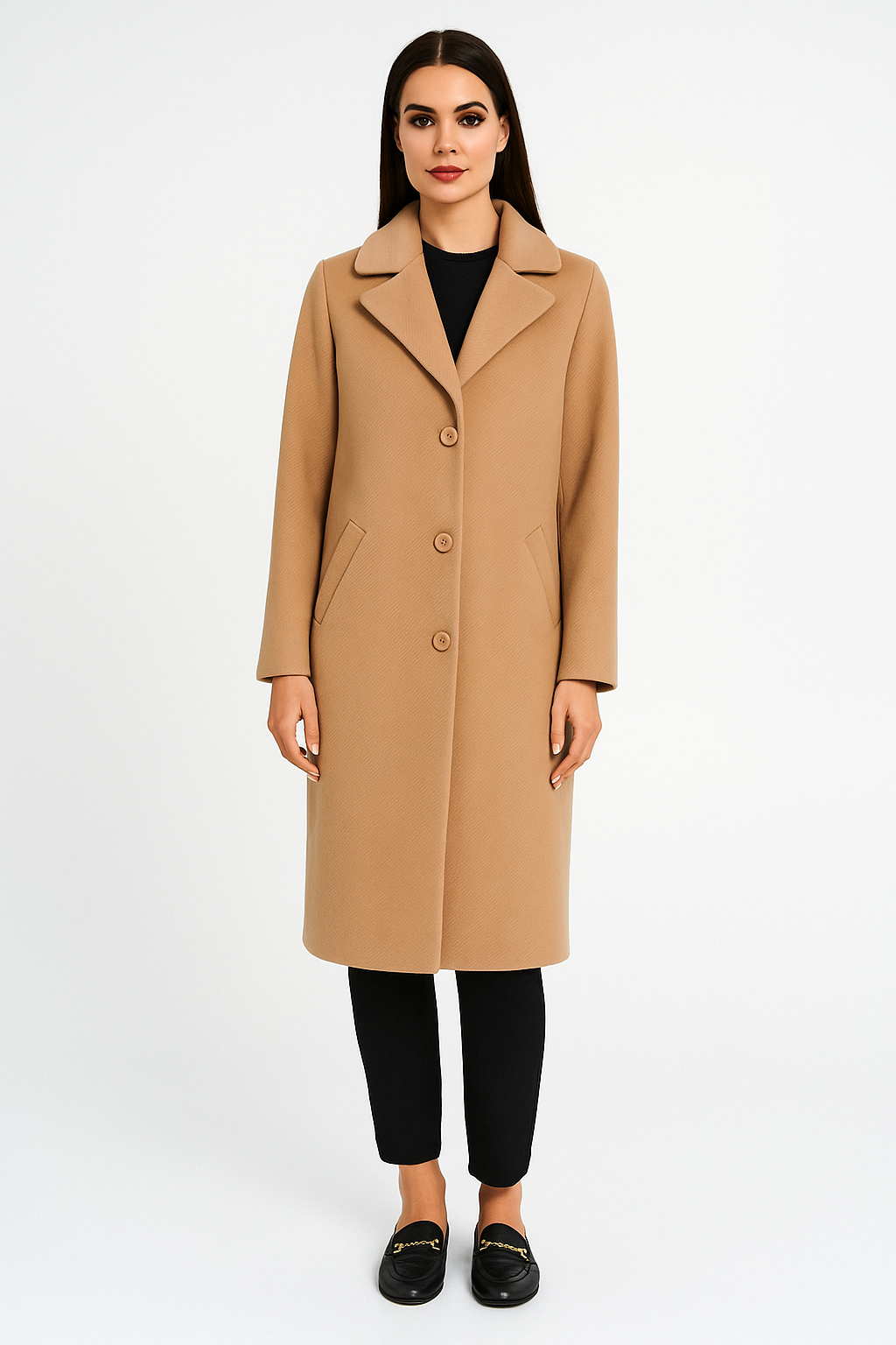 Klasikinis paltas su trijų sagų užsegimu (šviesiai rudas / šokoladinis)