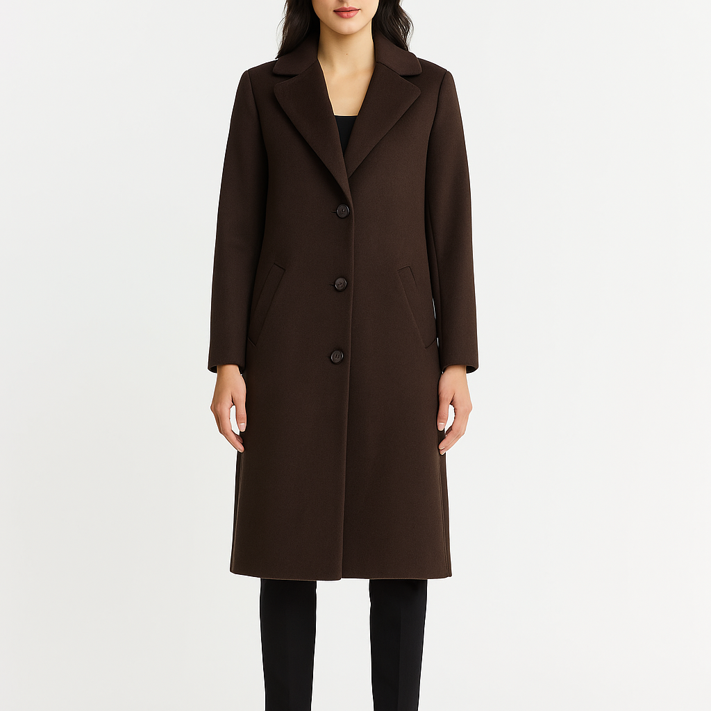 Brown coat worn by a person on a white background