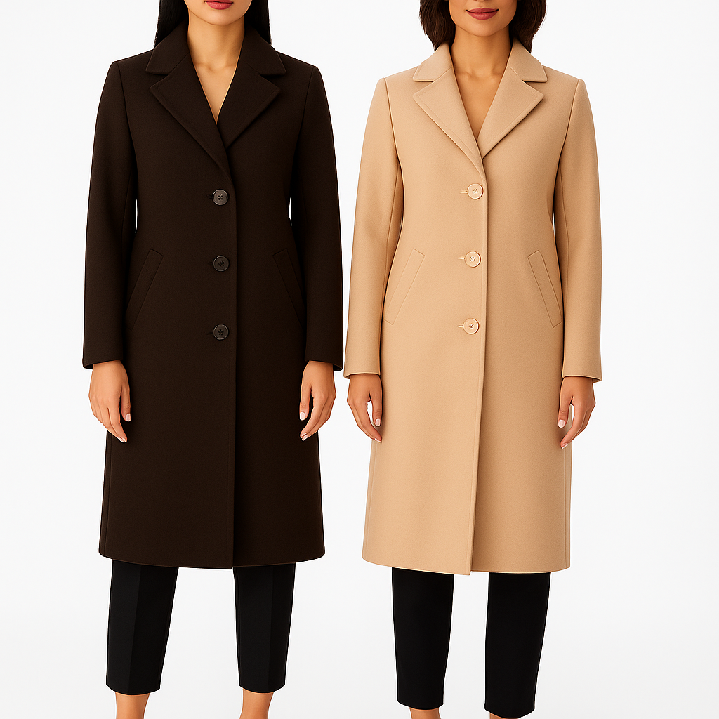 Two women wearing long coats, one black and one beige, on a white background.