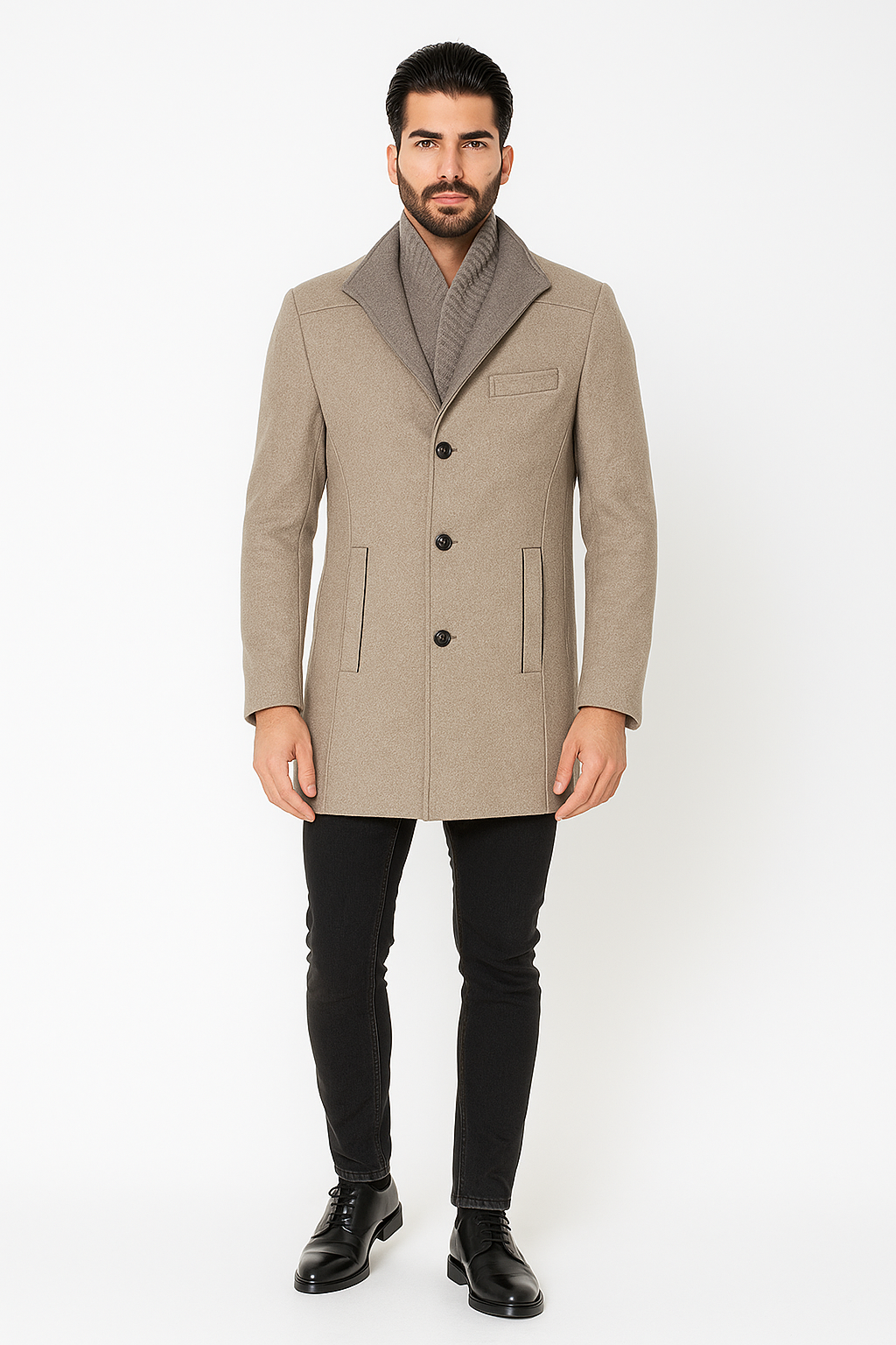 Man wearing a beige overcoat with a patterned collar on a white background