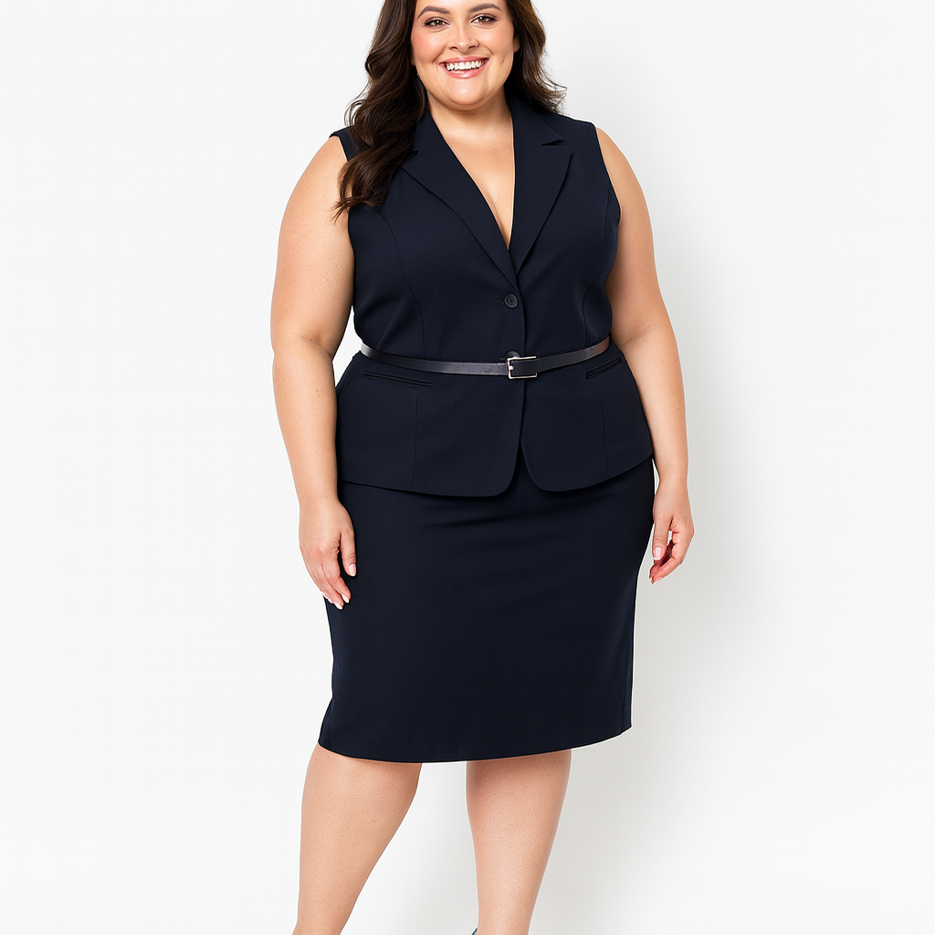 Didelių dydžių kostiumėlis liemenė su sijonu, tamsiai mėlynos spalvos