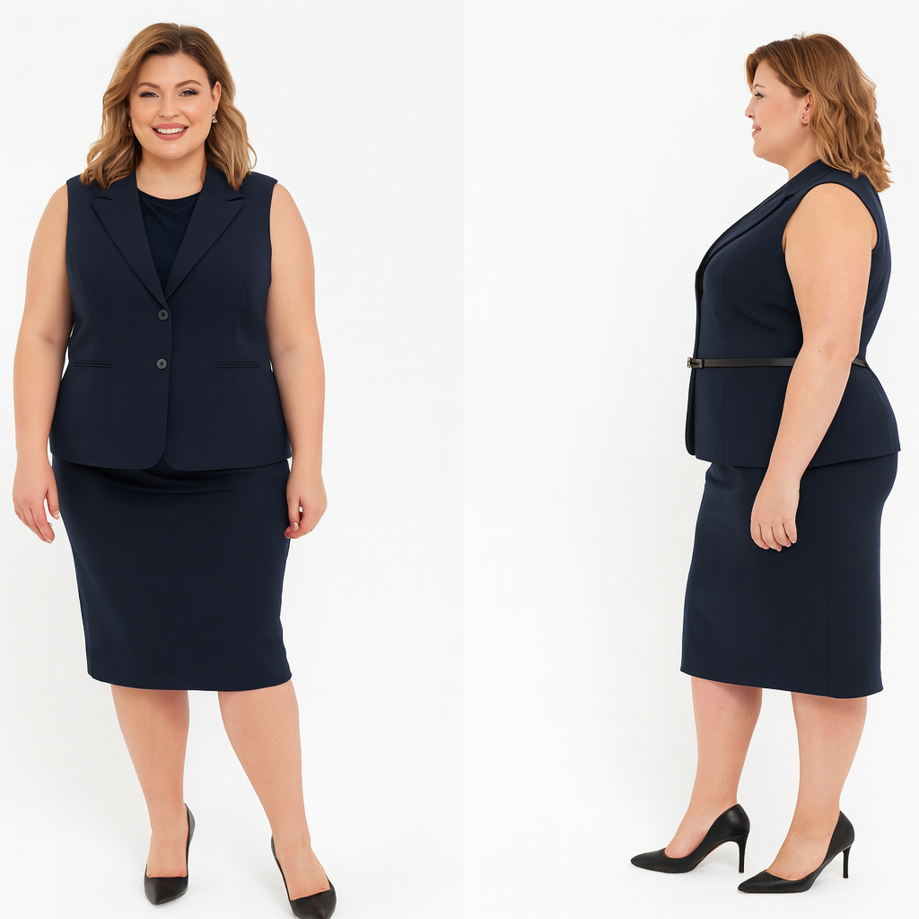 Mėlynas kostiumelis, didelių dydžių moterims, puikus pasirinkimas visais metų laikais