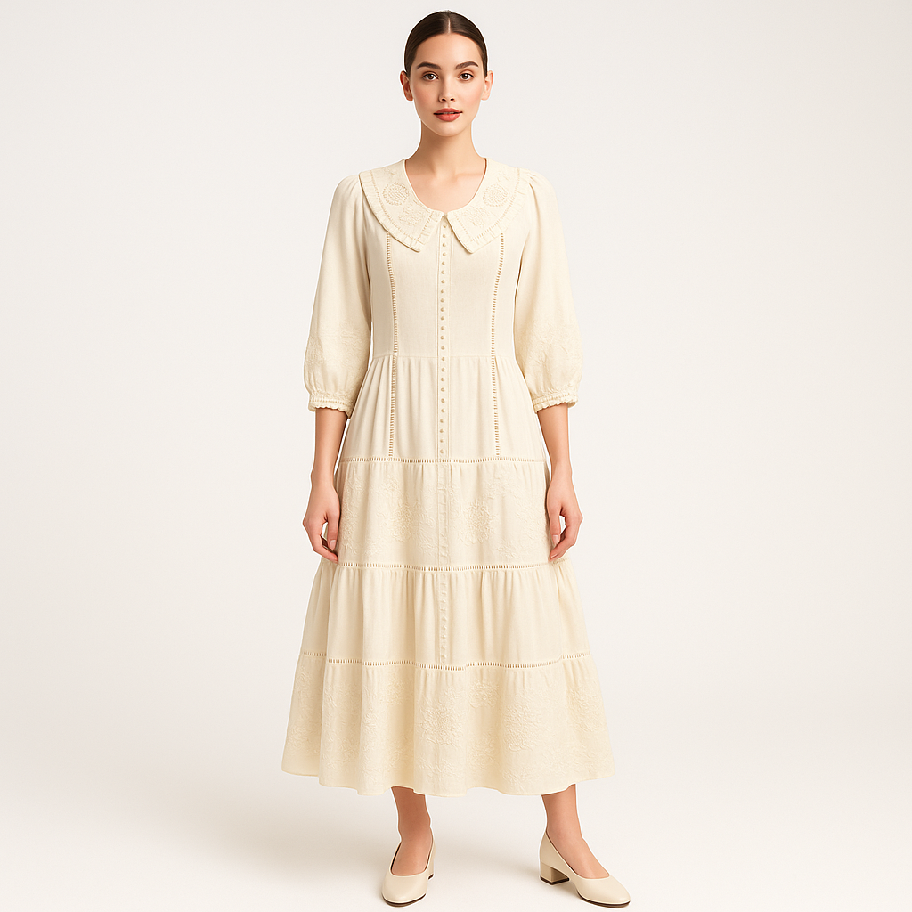 Ilga bohemiško stiliaus suknelė su nėriniuota apykakle ir perliukų sagomis, dekoruota siuvinėtais intarpais, ant modelio