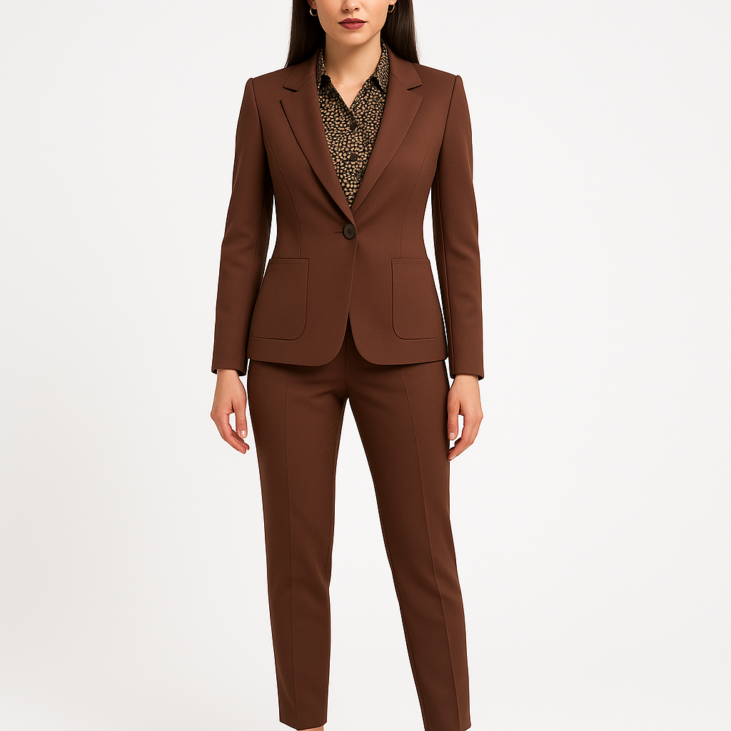 Rudas trijų dalių moteriškas kostiumėlis – švarkas, tamprios kelnės ir marškinukai, demonstruojamas ant modelio