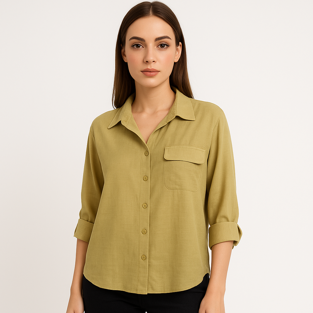 Alyvuogių spalvos palaidinė su 3/4 rankovėmis ir sagutėmis