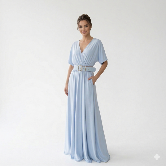 ilga šviesiai mėlyna suknelė su kišenėmis ir diržu moterims