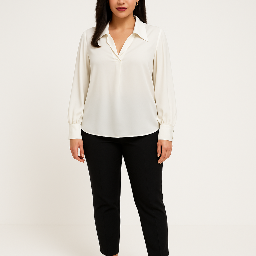 Balta elegantiška didelių dydžių palaidinė ilgomis rankovėmis.