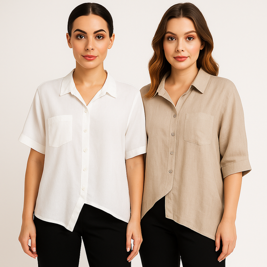 Modelis dėvi baltą ir rudą lininio stiliaus palaidinę – lengvas ir vasariškas įvaizdis su asimetrišku siluetu.